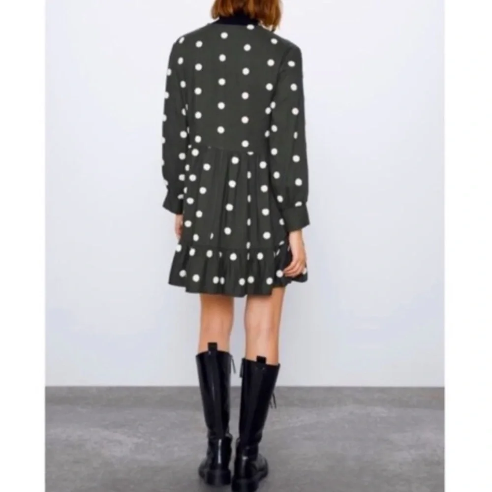 Zara Khaki Green Embroidered Polka Dot Long Sleeve Baby-Doll Dress | Medium - Picture 3 of 14